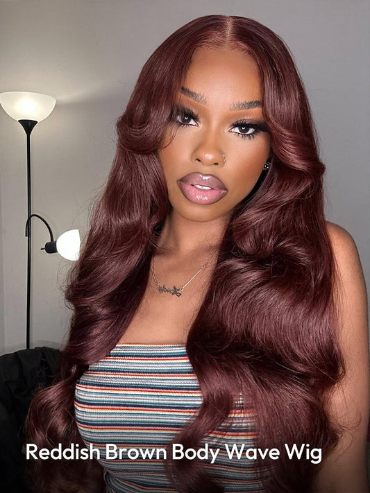 Reddish Brown Human Hair Wigs Body Wave Dark Red Brown Lace Wig