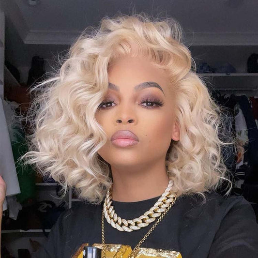 613 Bob Wig Short Wavy Blonde Bob Wigs Human Hair 14Inch