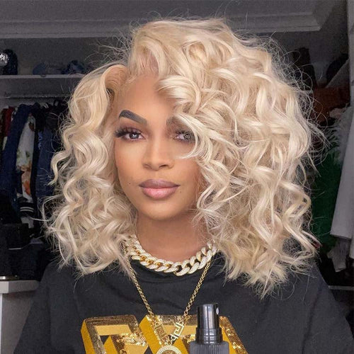 613 Bob Wig Short Wavy Blonde Bob Wigs Human Hair 14Inch